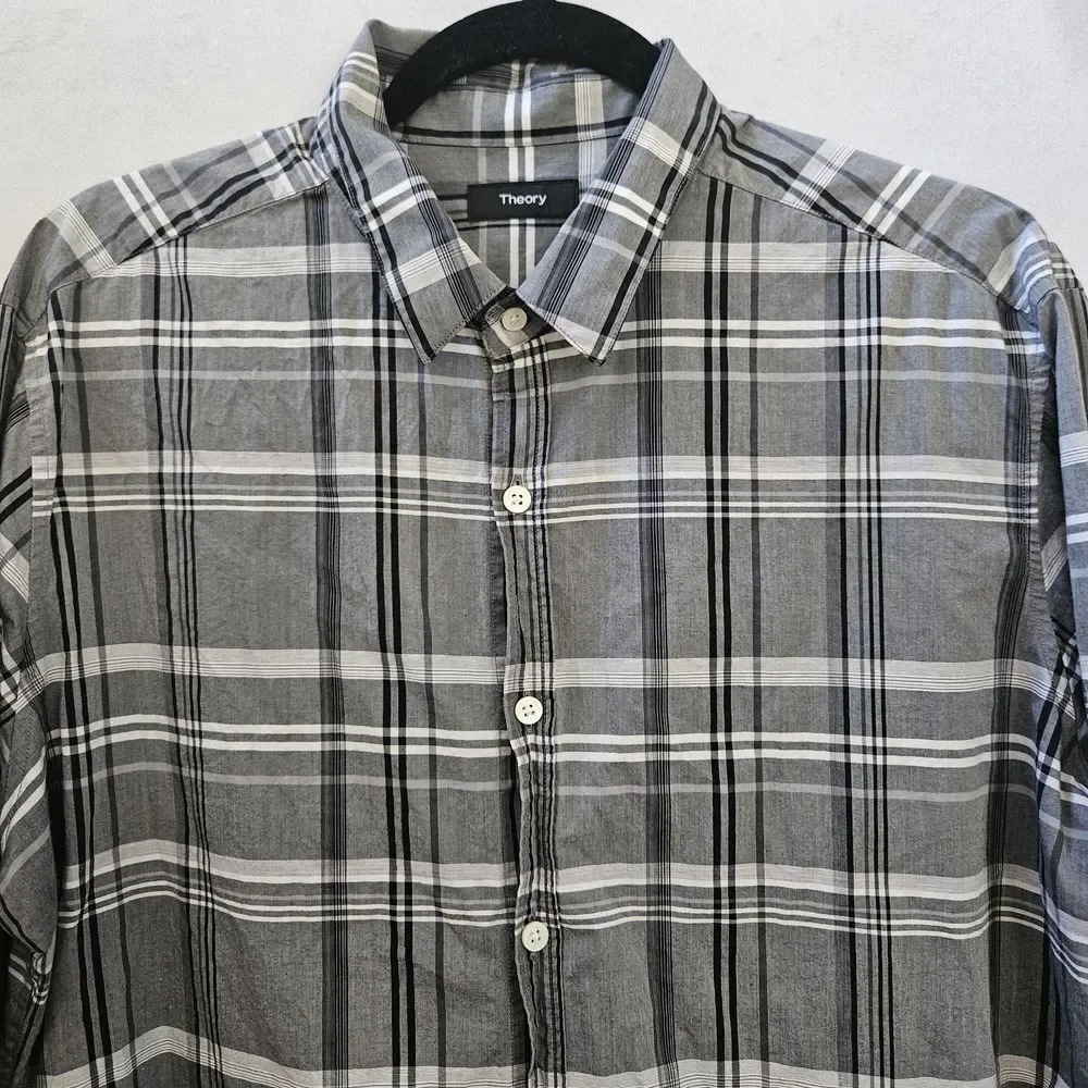 Theory Shirt Mens XL Black Grey Plaid Long Sleeve Button Up Cotton Preppy Office